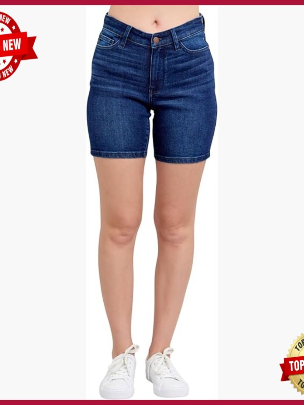 High-Rise V-Front Waistband Bermuda Denim Shorts with Stretch